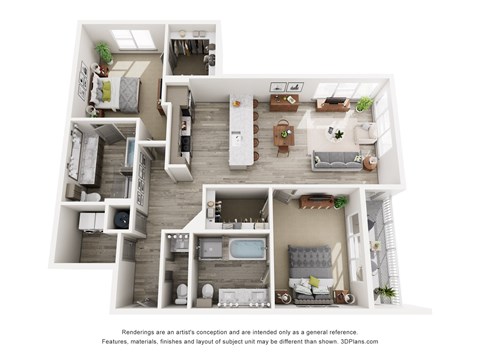 Floor plan for 2 beds, 2.5 baths, 1396 sqft